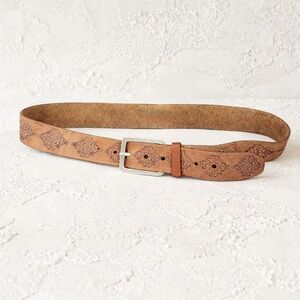 Vintage Floral Tooled Leather Belt Boho Western Tan Embossed Belt S